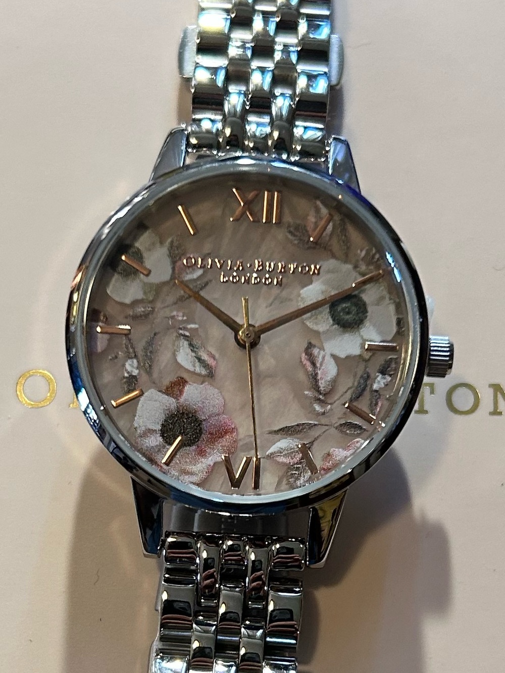 Olivia Burton Watch With 30mm Sami Precious Stone Floral Face & Silver Bracelet